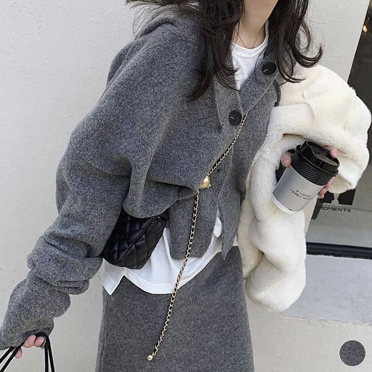 フード付きカーディガン ミモレ丈スカート ニット