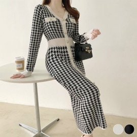 千鳥格子柄 Vネック ウエスマーク ミモレ丈