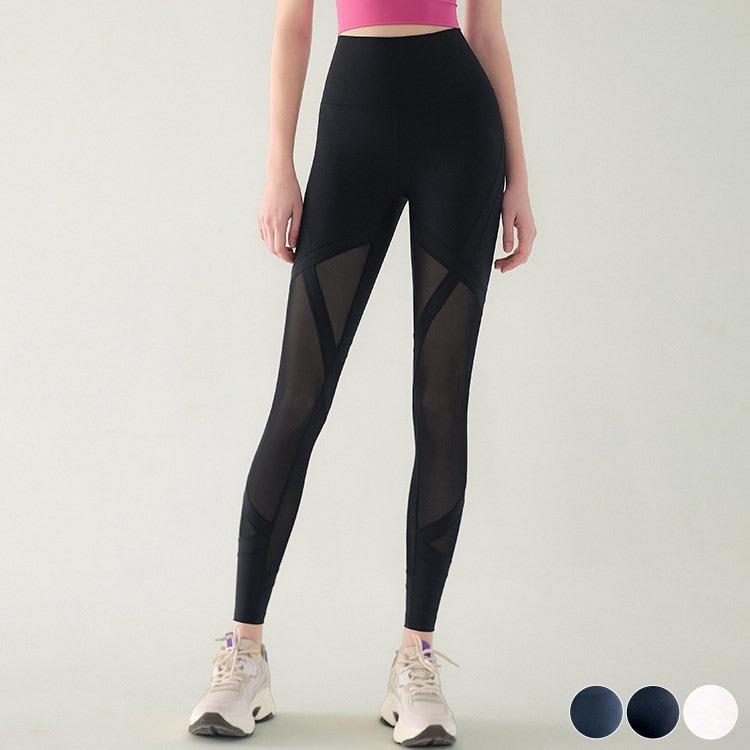ロング丈 メッシュ切り替え ヨガウェア レギンス