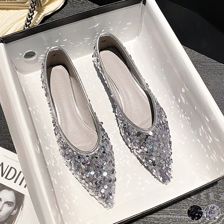 柔らかい スパンコール ポインテッドトゥ フラットパンプス