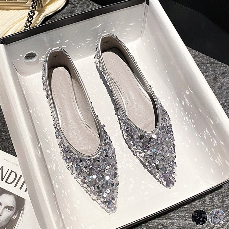 柔らかい スパンコール ポインテッドトゥ フラットパンプス
