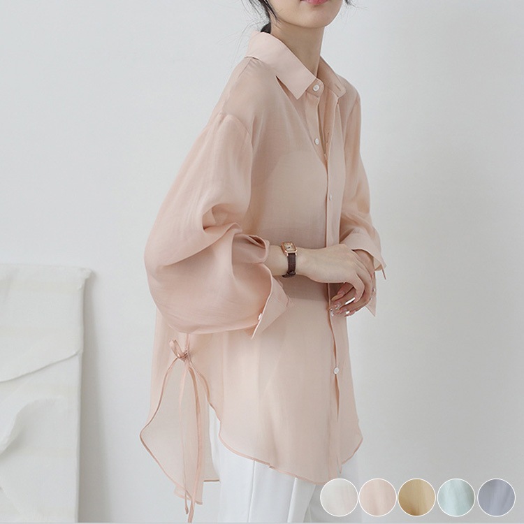 サイドリボン シースルー 長袖 シフォンブラウス