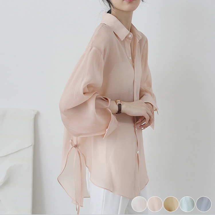 サイドリボン シースルー 長袖 シフォンブラウス