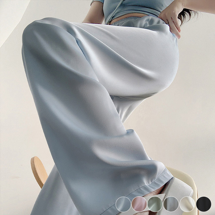 ひんやり ロング丈 サテン ワイドパンツ