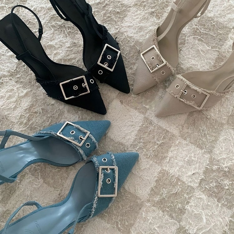 デニム×バックル ハイヒール バックストラップ サンダル デニム×バックル ハイヒール バックストラップ サンダル