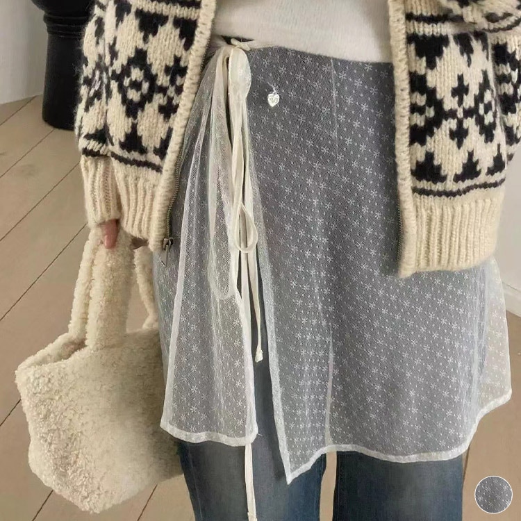 ひざ丈 花柄レース シースルー ラップスカート