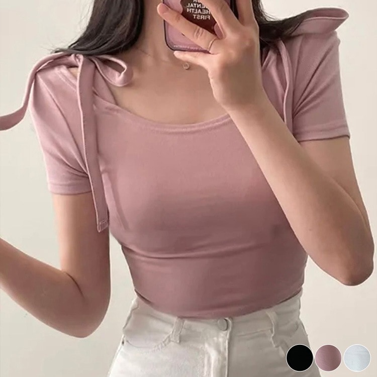 ショルダー リボン クロップド 半袖 Tシャツ