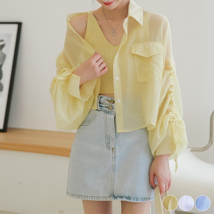 ふんわりボリューム袖 クロップド シアーブラウス