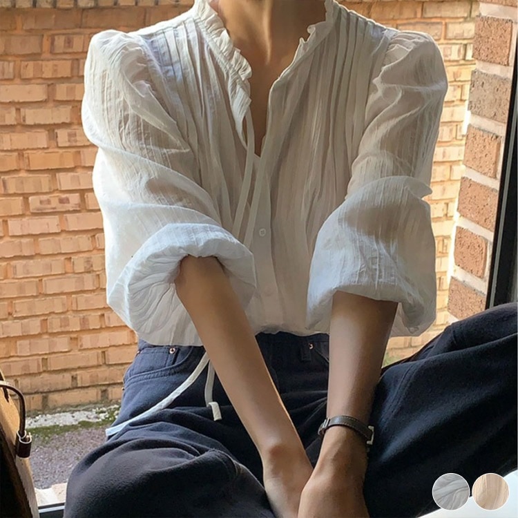 フリルネック フレンチカラー コットン ブラウス