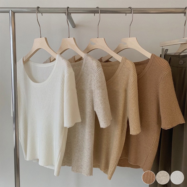 ラウンドネック リブニット 半袖 Ｔシャツ