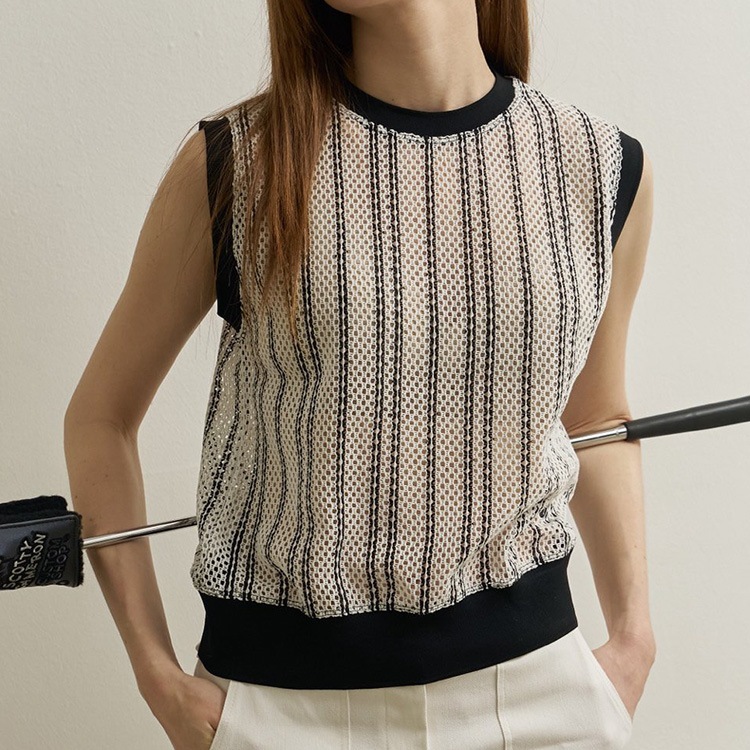 韓国ゴルフウェア ストライプ柄 メッシュ ベスト