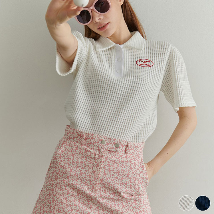 韓国ゴルフウェア パフスリーブ ワッフル ポロシャツ