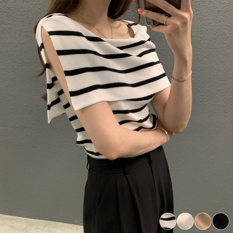 オフショルダー風 スリットスリーブ ニット トップス

