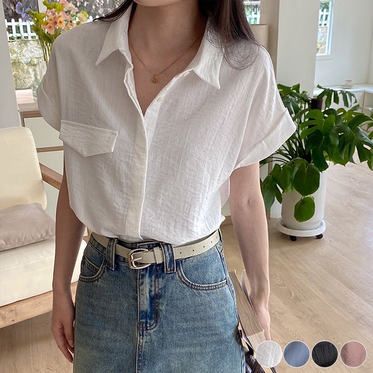 ロールアップ フレンチスリーブ 半袖 襟付き ブラウス