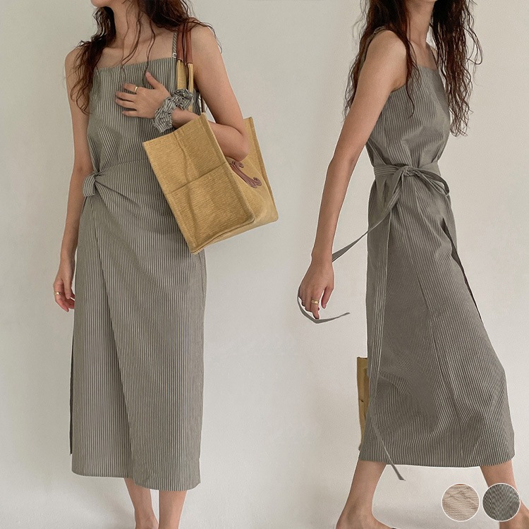 ストライプ柄 ミモレ丈 ラップ キャミソールワンピース

