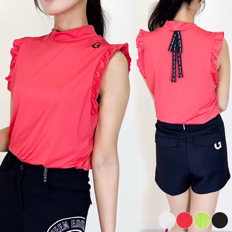 韓国ゴルフウェア フリル リボン ノースリーブ シャツ