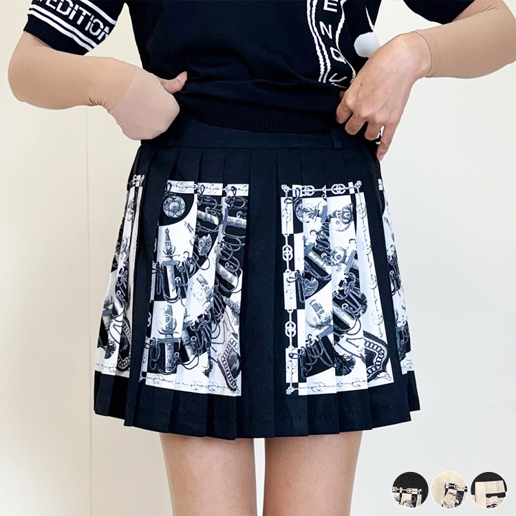 韓国ゴルフウェア モノトーンスカーフ柄 プリーツスカート