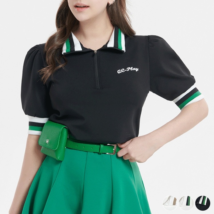 韓国ゴルフウェア ハーフジップ 配色 半袖 ポロシャツ