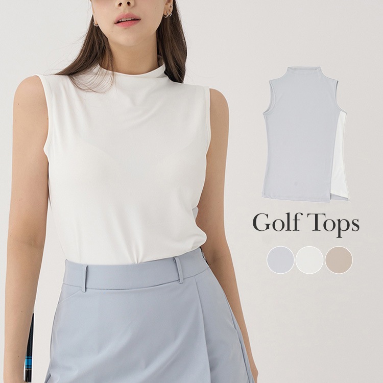 韓国ゴルフウェア 配色 モックネック ノースリーブシャツ