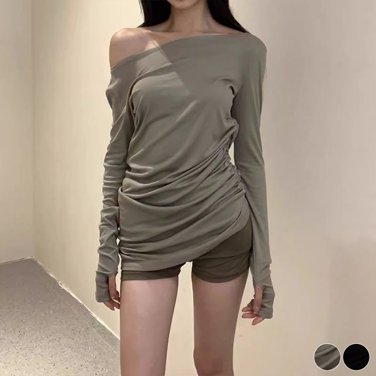 アシンメトリーギャザー シャーリング 長袖 Tシャツ