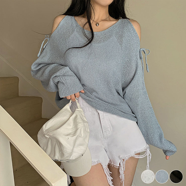 ショルダーカット シースルー ゆるニット トップス

