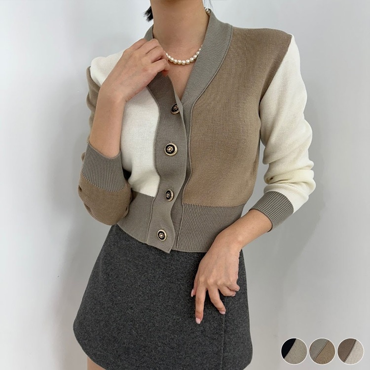 アシンメトリー 配色 金ボタン 長袖 ニットカーディガン|トップス|レディースファッション