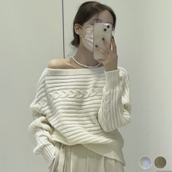 スラッシュドネック オフショルダー ドルマン袖 ニット