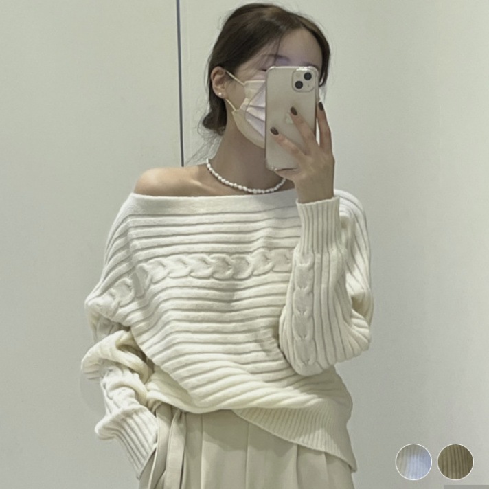 スラッシュドネック オフショルダー ドルマン袖 ニット