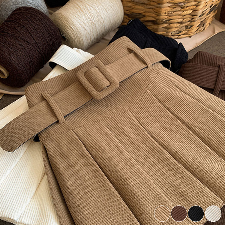 ベルト付き コーデュロイ プリーツ ミニスカート

