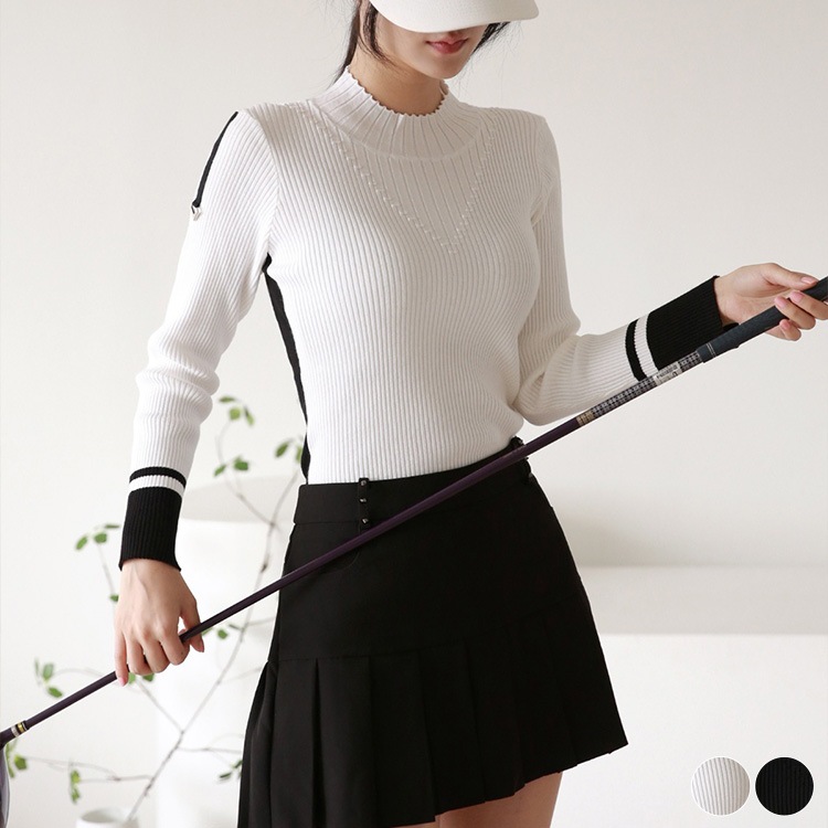 モックネック リブニット トップス 韓国ゴルフウェア

