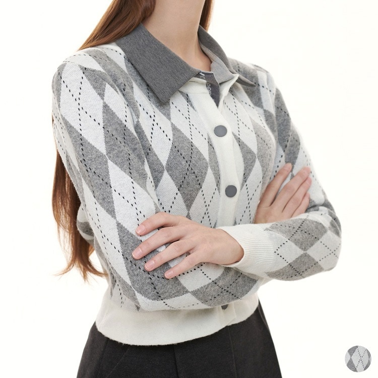 アーガイルチェック柄 ウール混 ニットカーディガン 

