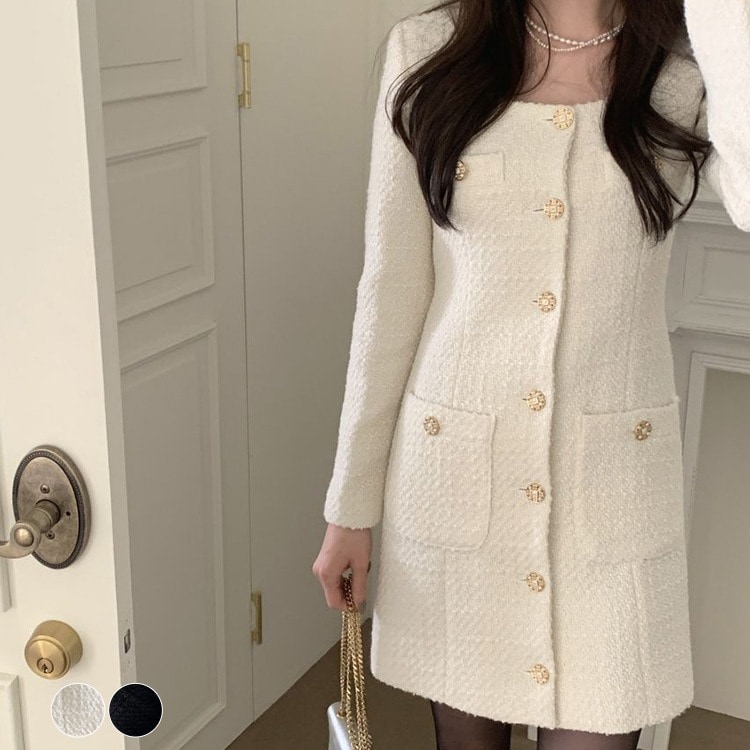 レトロクラシック フロントボタン ツイード ミニワンピース

