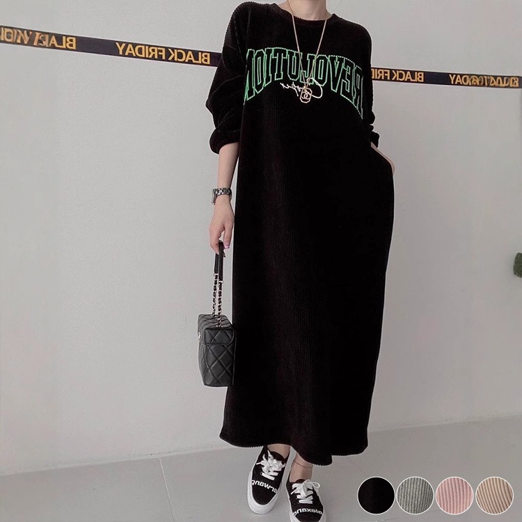 ぽわん袖 ゆったり コーデュロイ ロングワンピース

