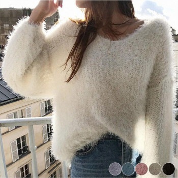 Vネック シャギーニット トップス