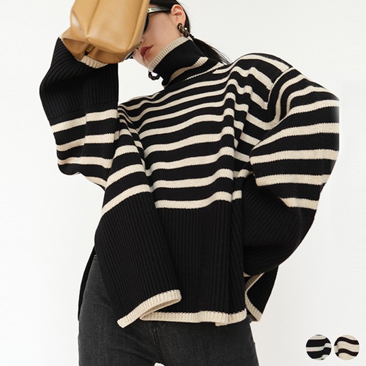 ゆったり ハイネック ボーダー ニット セーター

