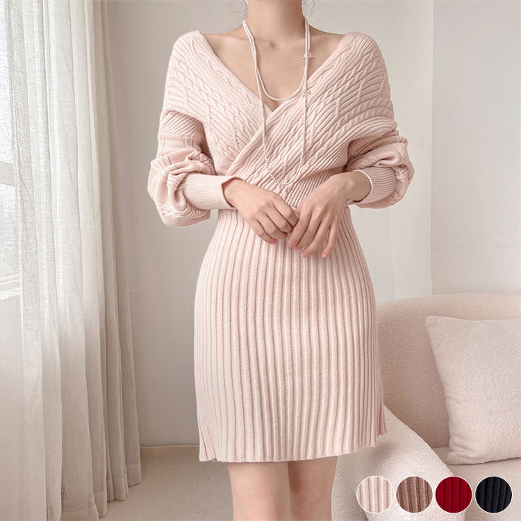 クロスネック 切り替え ケーブル編み ニット ミニワンピース

