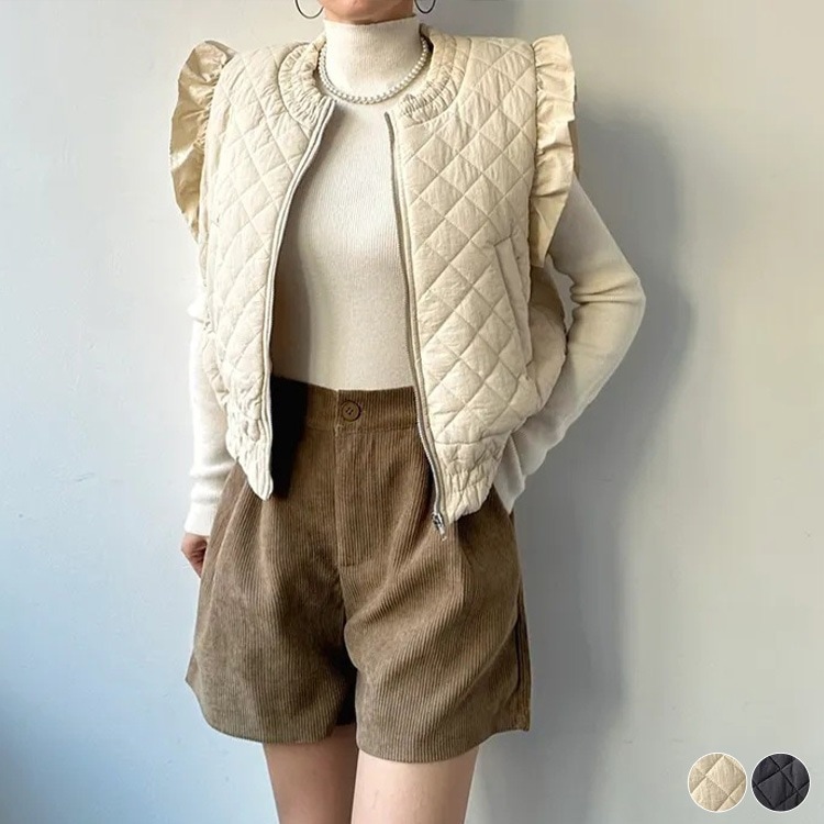 ダイヤ 切り替え キルティング フリル袖 ベスト

