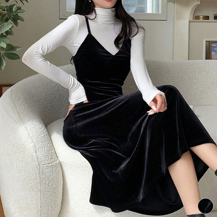 きれいめ ベロア ミモレ丈 キャミソールワンピース

