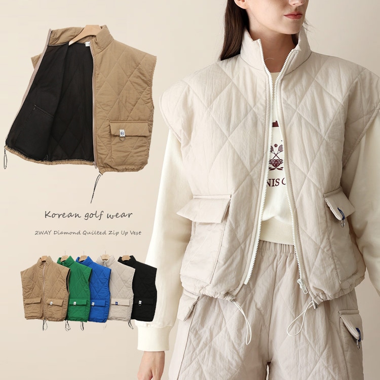 ポケット付き 中綿 キルティング ベスト 韓国ゴルフウェア