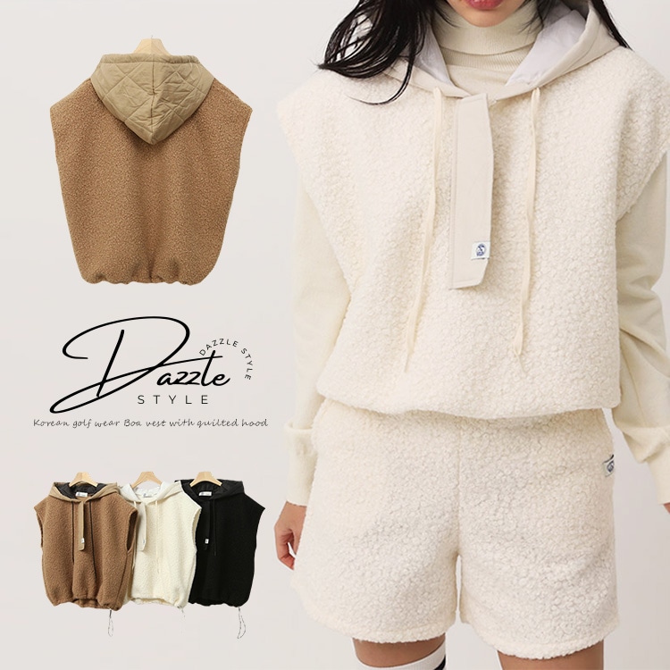 キルティング フード付き ボア フリース ベスト 韓国ゴルフウェア