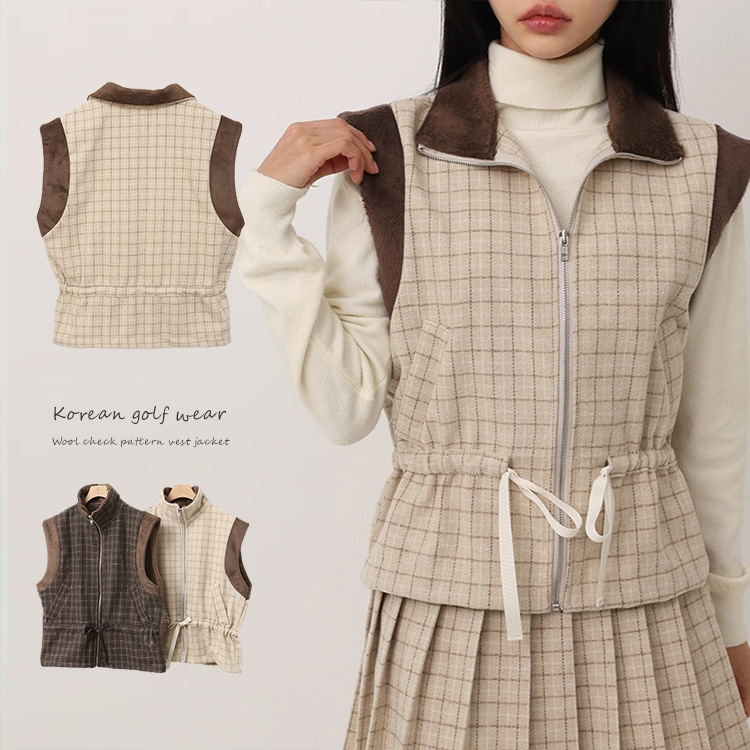 チェック柄 配色 ファー ジップアップ ベスト 韓国ゴルフウェア
