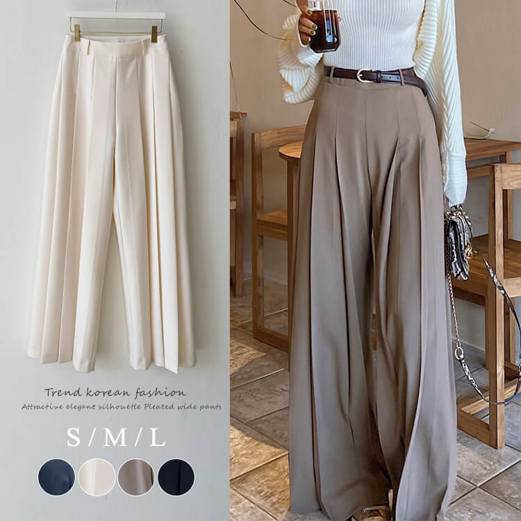 てろんと感 ロング丈 プリーツ ワイドパンツ スラックス