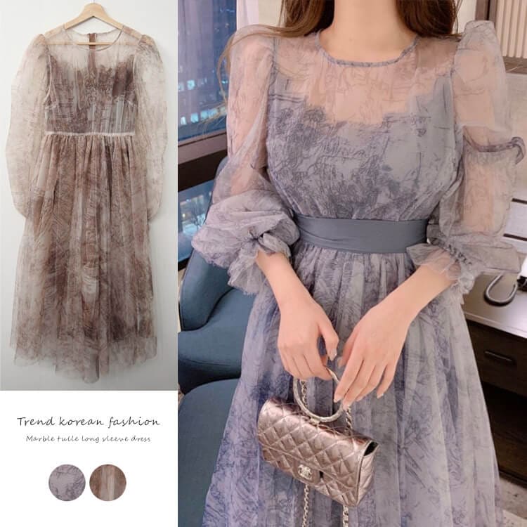 プリント柄 シースルー シフォン 長袖 ドレス ワンピース