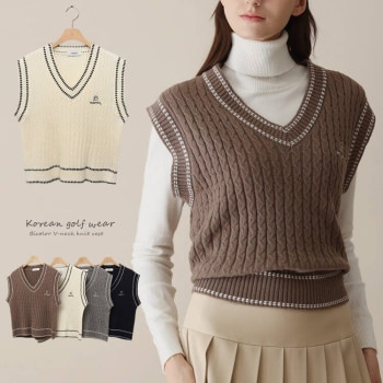 バイカラー Vネック ケーブルニット ベスト 韓国ゴルフウェア