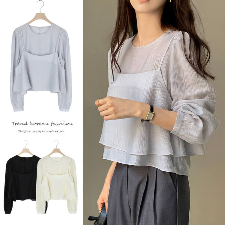 ショート丈 シアーブラウス ビスチェ 2点セット