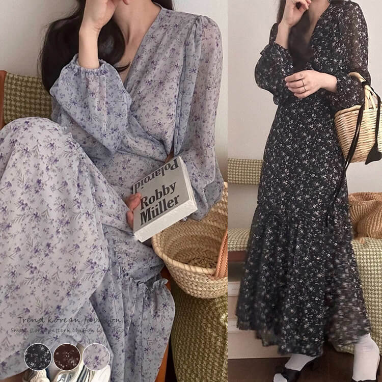 小花柄 カシュクール シフォン 花柄ワンピース