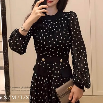 ドット柄 長袖 ミモレ丈 シフォンワンピース