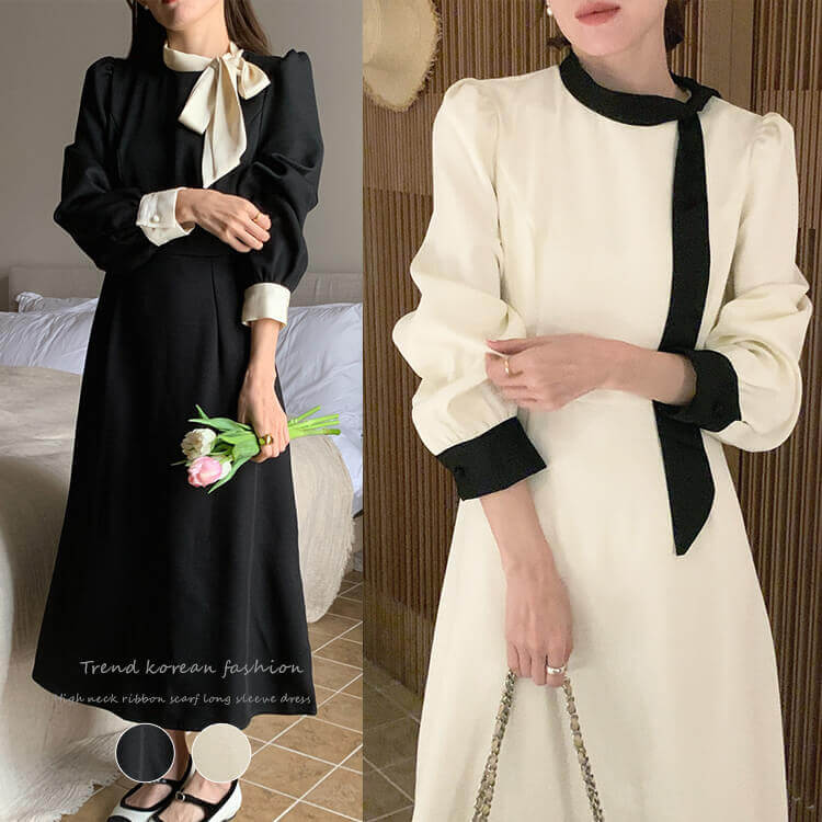 モックネック リボン 長袖 ミモレ丈 ワンピース