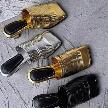 スクエアトゥ メタリック コード ベルト サンダル