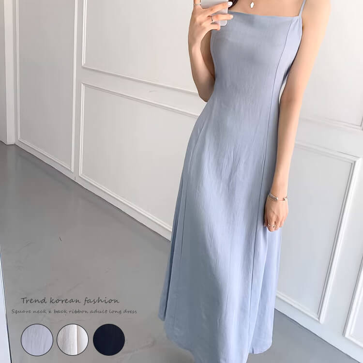スクエアネック バックリボン ロングワンピース

